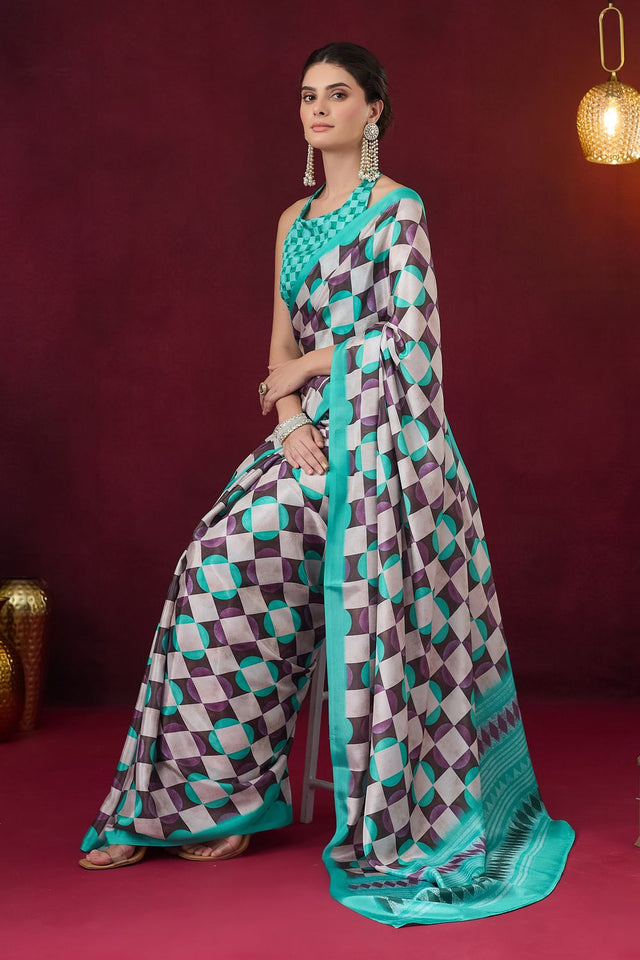 Sea Green Geometric Printed Satin Ready to Wear Saree (ACB1890)