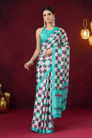 Sea Green Geometric Printed Satin Ready to Wear Saree (ACB1890)