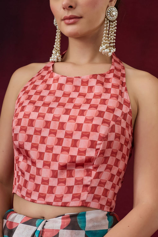 Orange Geometric Printed Satin Ready to Wear Saree (ACB1891)