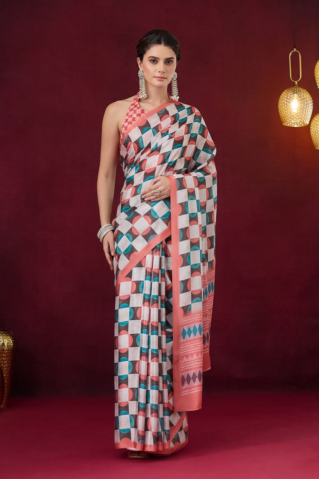 Orange Geometric Printed Satin Ready to Wear Saree (ACB1891)