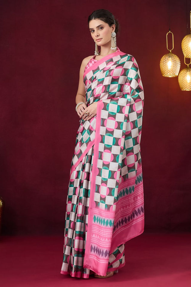 Pink Geometric Printed Satin Ready to Wear Saree (ACB1892)