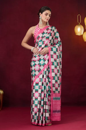 Pink Geometric Printed Satin Ready to Wear Saree (ACB1892)