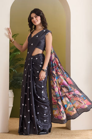 Black Printed Satin Ready to Wear Saree (ACB1893)