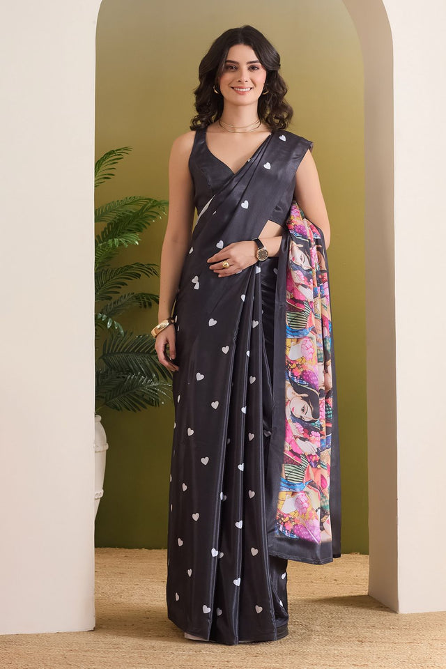 Black Printed Satin Ready to Wear Saree (ACB1893)