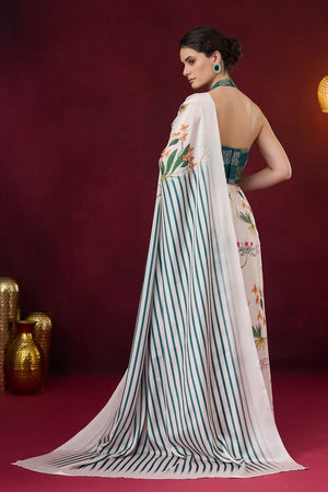 White Floral Printed Satin Ready to Wear Saree (ACB1894)