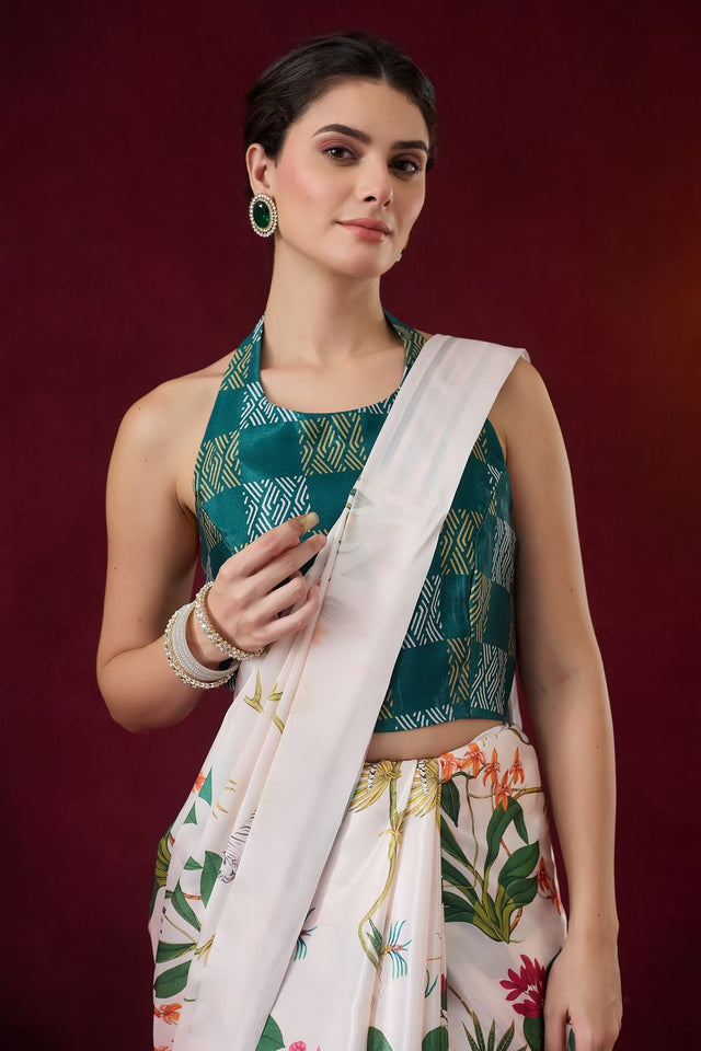 White Floral Printed Satin Ready to Wear Saree (ACB1894)