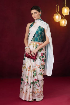 White Floral Printed Satin Ready to Wear Saree (ACB1894)