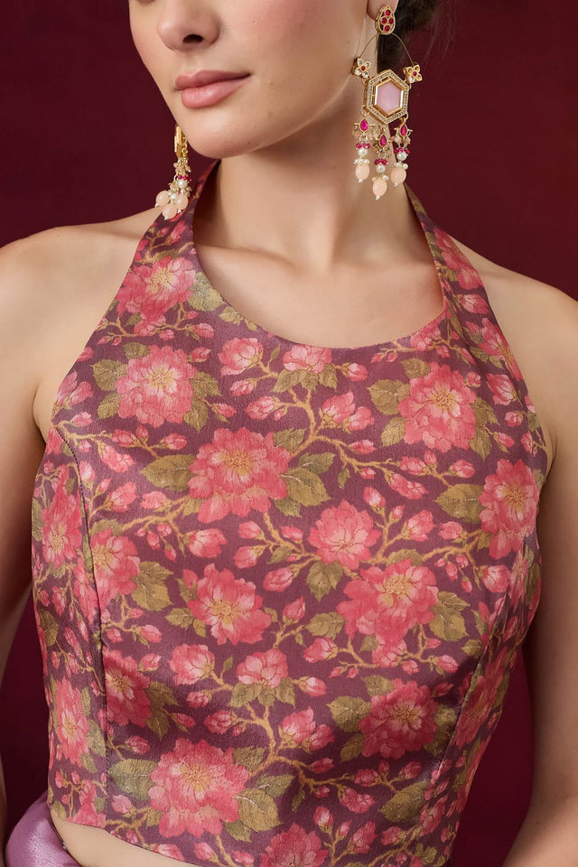 Wine Floral Printed Satin Ready to Wear Saree (ACB1896)