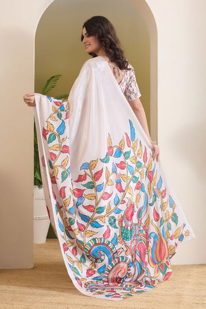 White Floral Printed Satin Ready to Wear Saree (ACB1897)