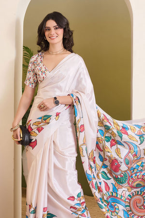 White Floral Printed Satin Ready to Wear Saree (ACB1897)