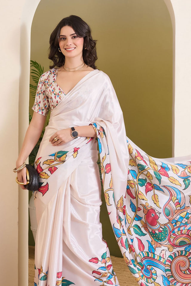 White Floral Printed Satin Ready to Wear Saree (ACB1897)