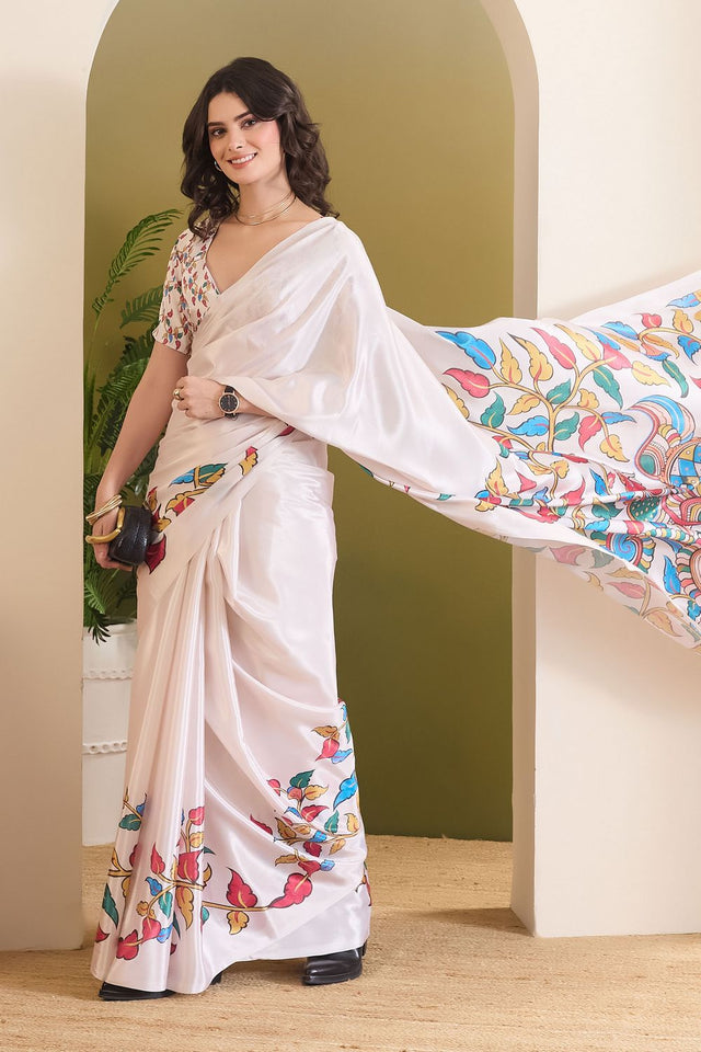 White Floral Printed Satin Ready to Wear Saree (ACB1897)