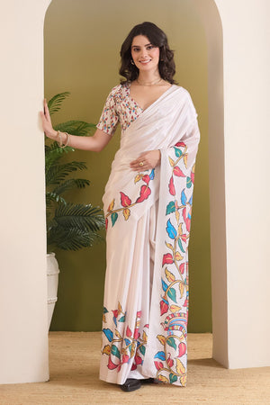 White Floral Printed Satin Ready to Wear Saree (ACB1897)
