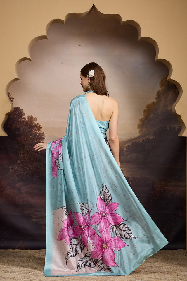 Sea Green Floral Printed Satin Ready to Wear Saree (ACB1899)