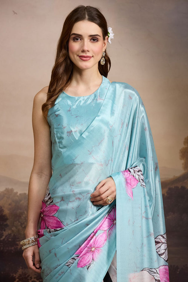 Sea Green Floral Printed Satin Ready to Wear Saree (ACB1899)