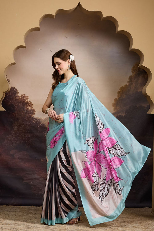 Sea Green Floral Printed Satin Ready to Wear Saree (ACB1899)