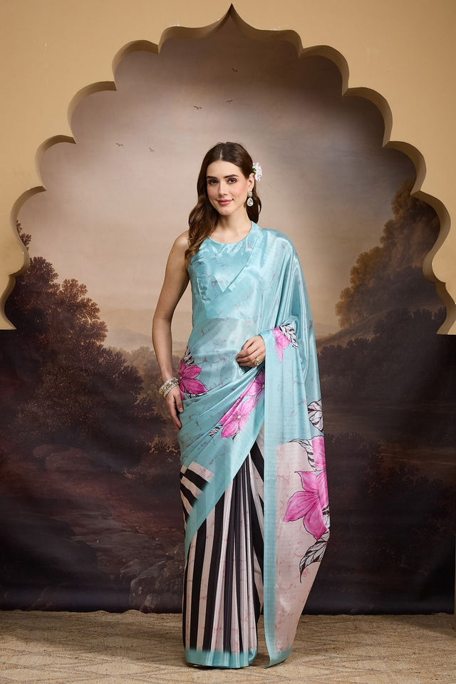 Sea Green Floral Printed Satin Ready to Wear Saree (ACB1899)