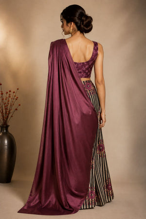 Wine Printed Satin Ready to Wear Saree (ACB1900)
