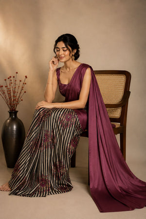 Wine Printed Satin Ready to Wear Saree (ACB1900)