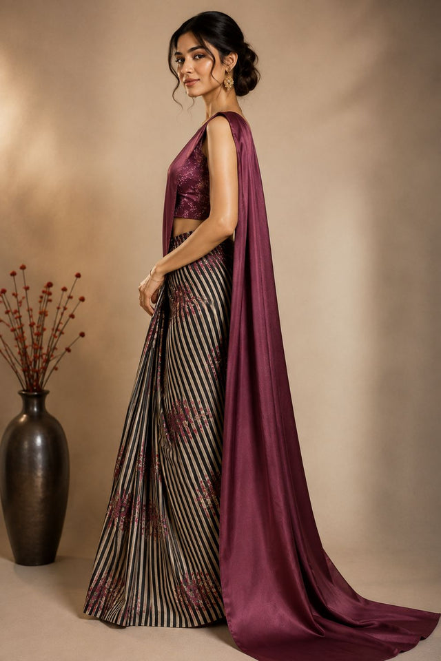 Wine Printed Satin Ready to Wear Saree (ACB1900)