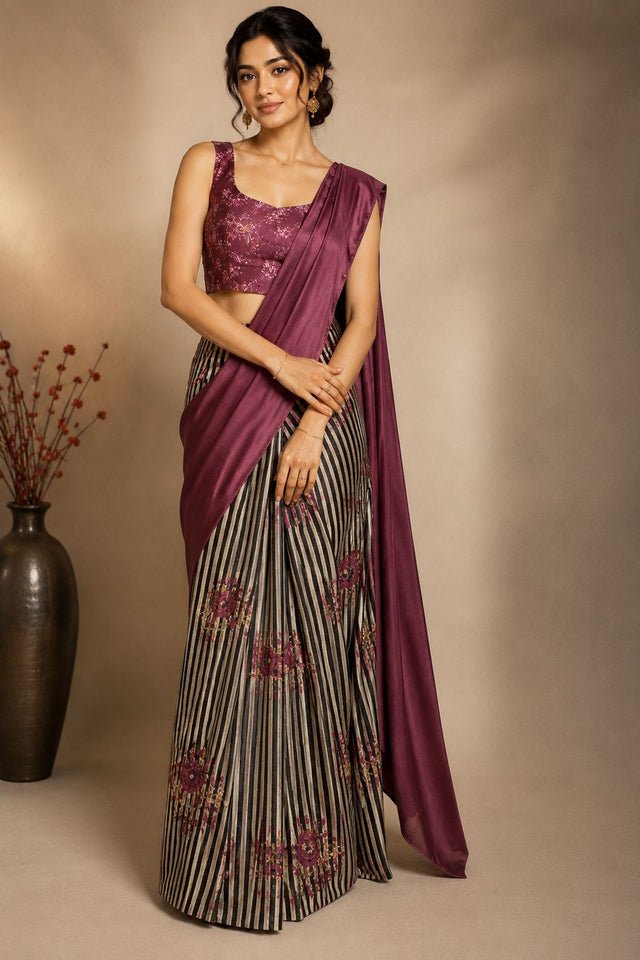 Wine Printed Satin Ready to Wear Saree (ACB1900)