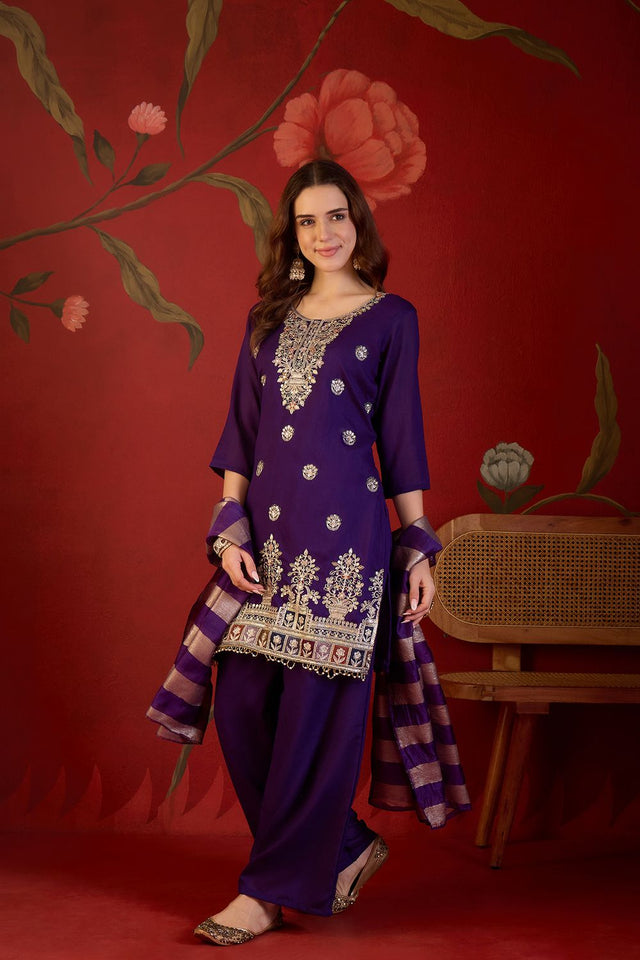 Violet Sequin with Embroidered Silk Straight Cut Suit (ACB1902)