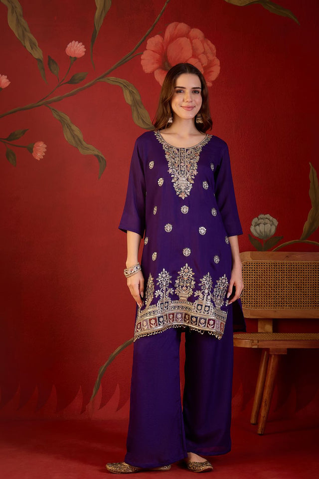 Violet Sequin with Embroidered Silk Straight Cut Suit (ACB1902)