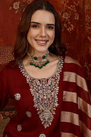 Maroon Sequin with Embroidered Silk Straight Cut Suit (ACB1903)