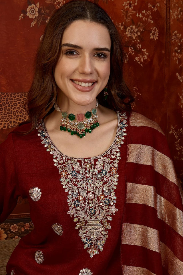 Maroon Sequin with Embroidered Silk Straight Cut Suit (ACB1903)