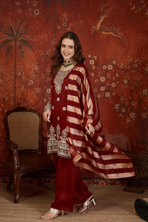 Maroon Sequin with Embroidered Silk Straight Cut Suit (ACB1903)