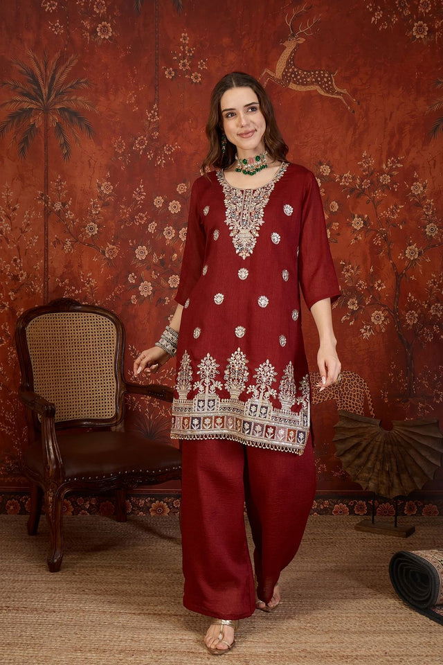 Maroon Sequin with Embroidered Silk Straight Cut Suit (ACB1903)