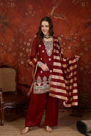 Maroon Sequin with Embroidered Silk Straight Cut Suit (ACB1903)