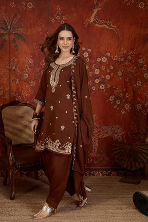 Brown Sequin with Embroidered Silk Straight Cut Suit (ACB1904)