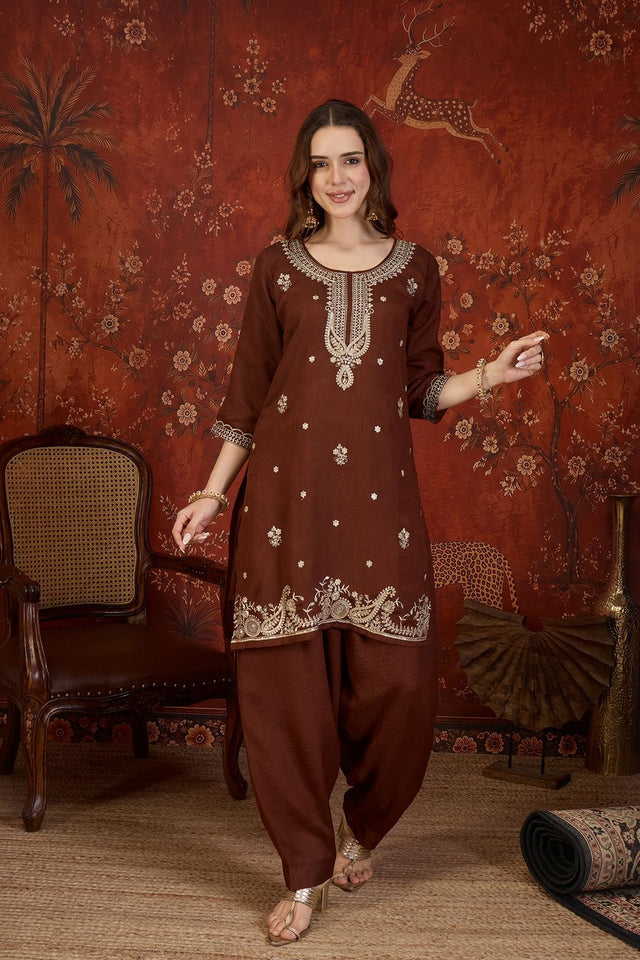 Brown Sequin with Embroidered Silk Straight Cut Suit (ACB1904)