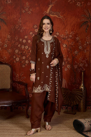 Brown Sequin with Embroidered Silk Straight Cut Suit (ACB1904)