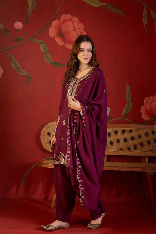 Maroon Sequin with Embroidered Silk Straight Cut Suit (ACB1905)