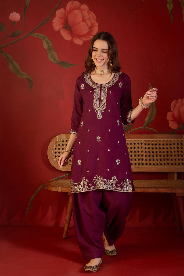 Maroon Sequin with Embroidered Silk Straight Cut Suit (ACB1905)