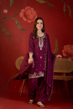 Maroon Sequin with Embroidered Silk Straight Cut Suit (ACB1905)