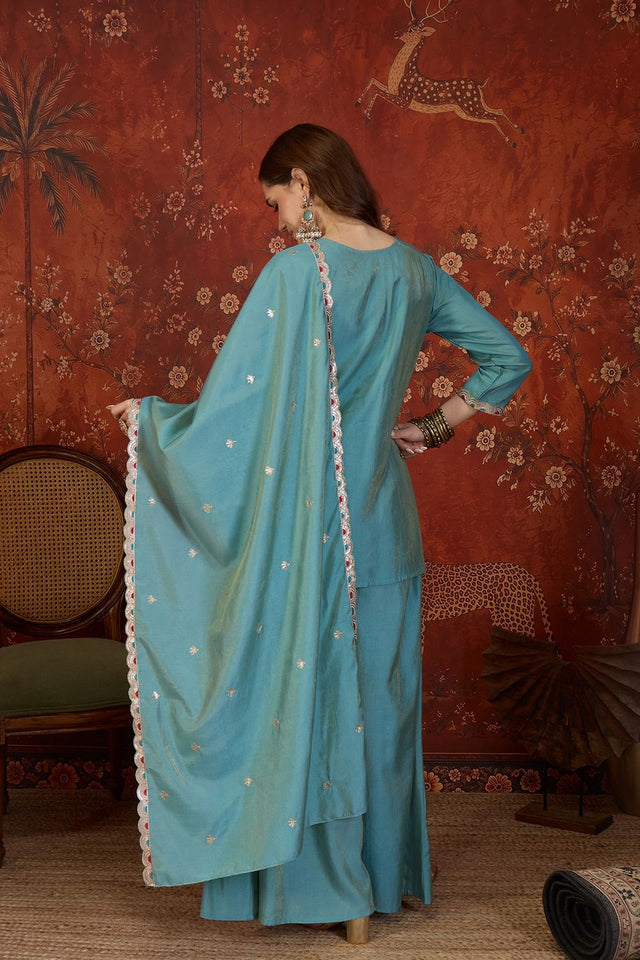 Blue Embroidered Shimmer Sharara Suit (ACB1906)