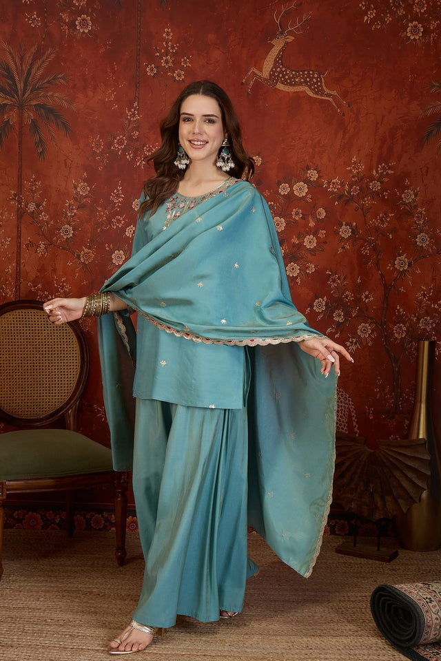 Blue Embroidered Shimmer Sharara Suit (ACB1906)