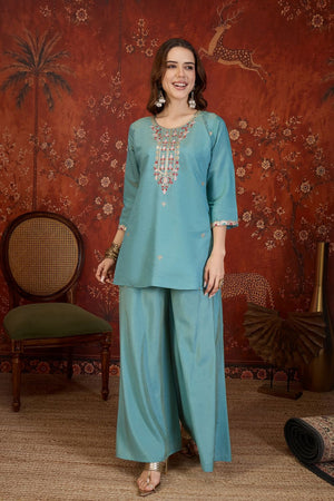 Blue Embroidered Shimmer Sharara Suit (ACB1906)