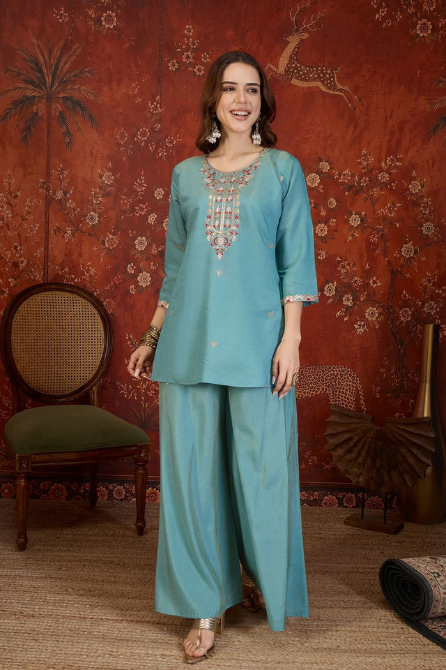 Blue Embroidered Shimmer Sharara Suit (ACB1906)
