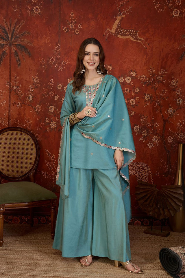 Blue Embroidered Shimmer Sharara Suit (ACB1906)