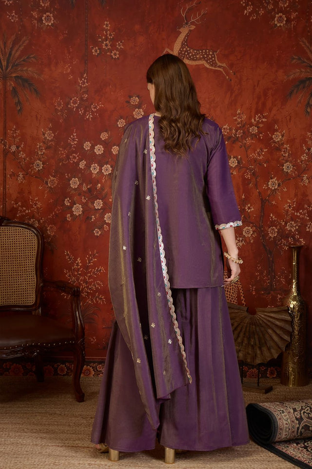Purple Embroidered Shimmer Sharara Suit (ACB1907)