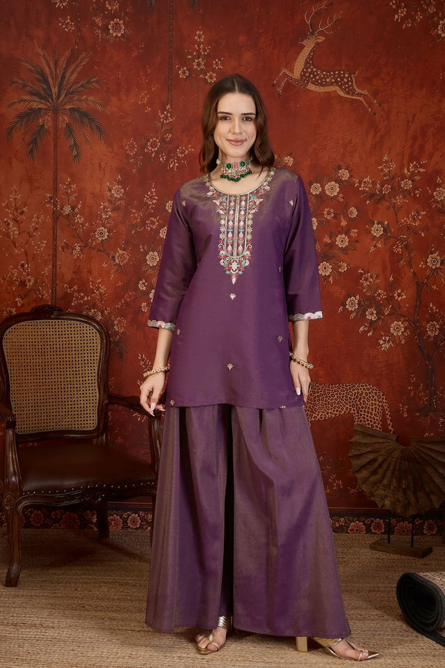 Purple Embroidered Shimmer Sharara Suit (ACB1907)