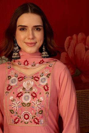 Peach Floral Embroidered Cotton Straight Cut Suit (ACB1908)