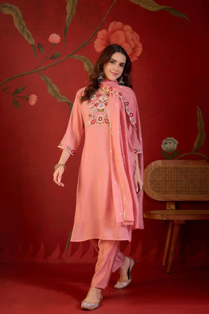 Peach Floral Embroidered Cotton Straight Cut Suit (ACB1908)