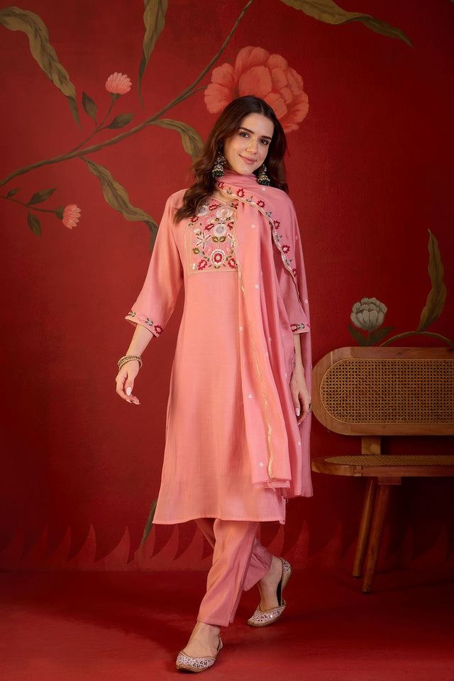 Peach Floral Embroidered Cotton Straight Cut Suit (ACB1908)