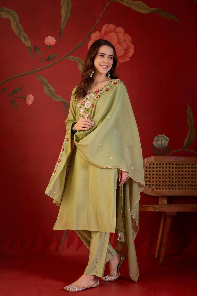 Green Floral Embroidered Cotton Straight Cut Suit (ACB1909)
