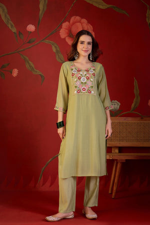 Green Floral Embroidered Cotton Straight Cut Suit (ACB1909)